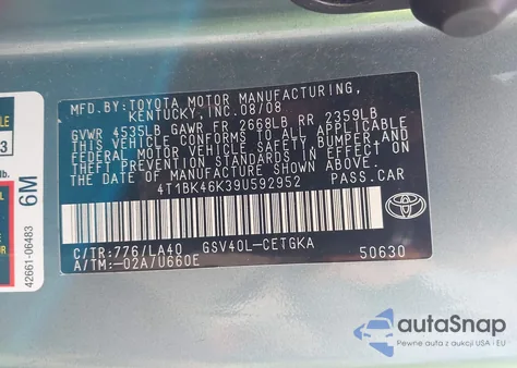 2009 Toyota Camry Xle V6 из США, поврежденный, VIN 4T1BK46K39U592952